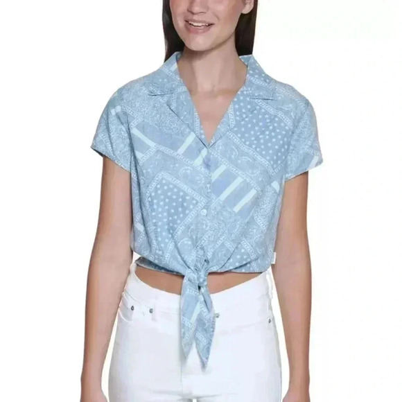 Calvin Klein Jeans Crop/Tie Top Print & Button Down Blue Medium - Picture 1 of 10